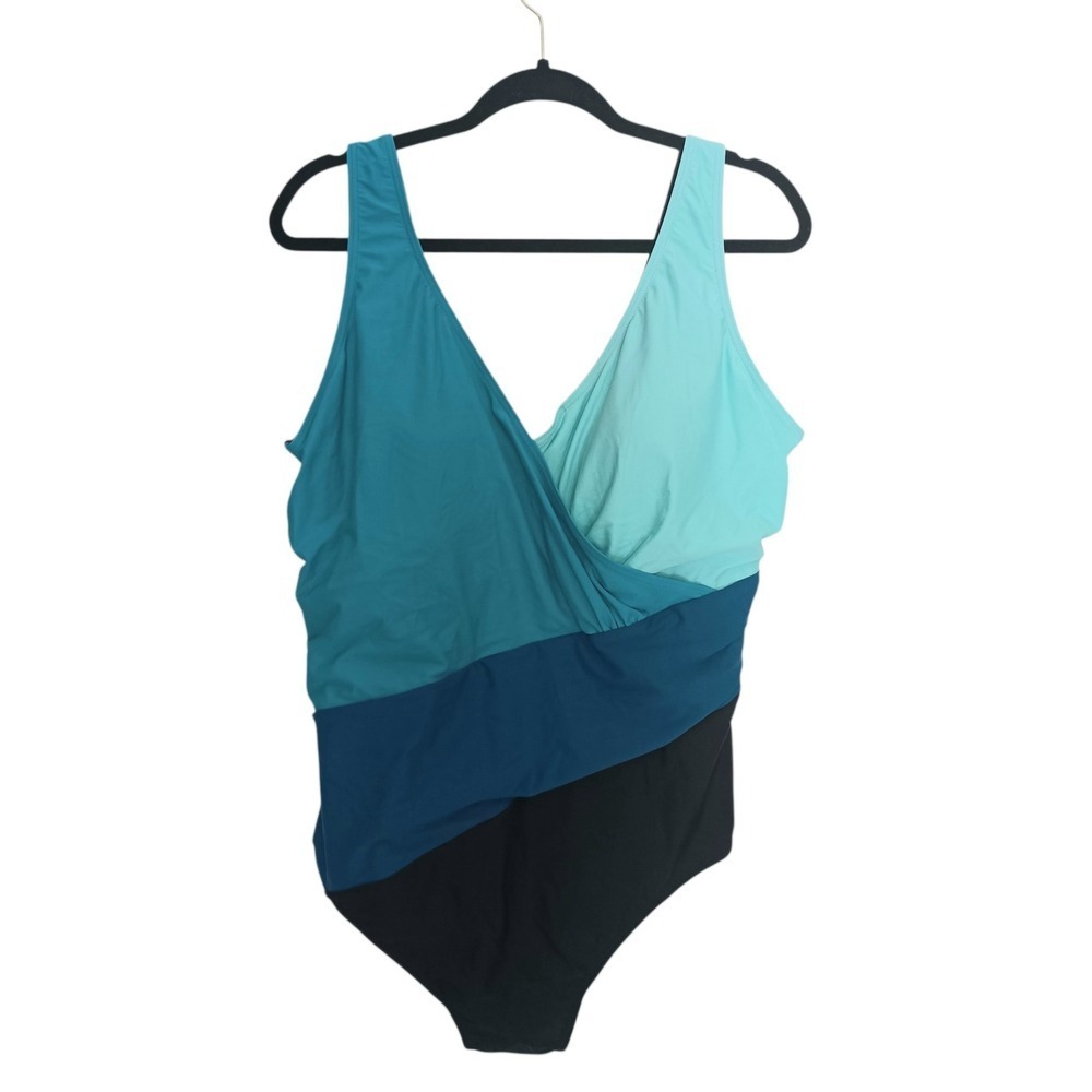 Avenue One Piece Swimsuit Women Size 18 Aqua Spliced Colorblock V-Neck NEW
